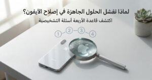 آيفون بجانب عدسة مكبرة تعبيراً عن تشخيص مشاكل الآيفون خطوة بخطوة